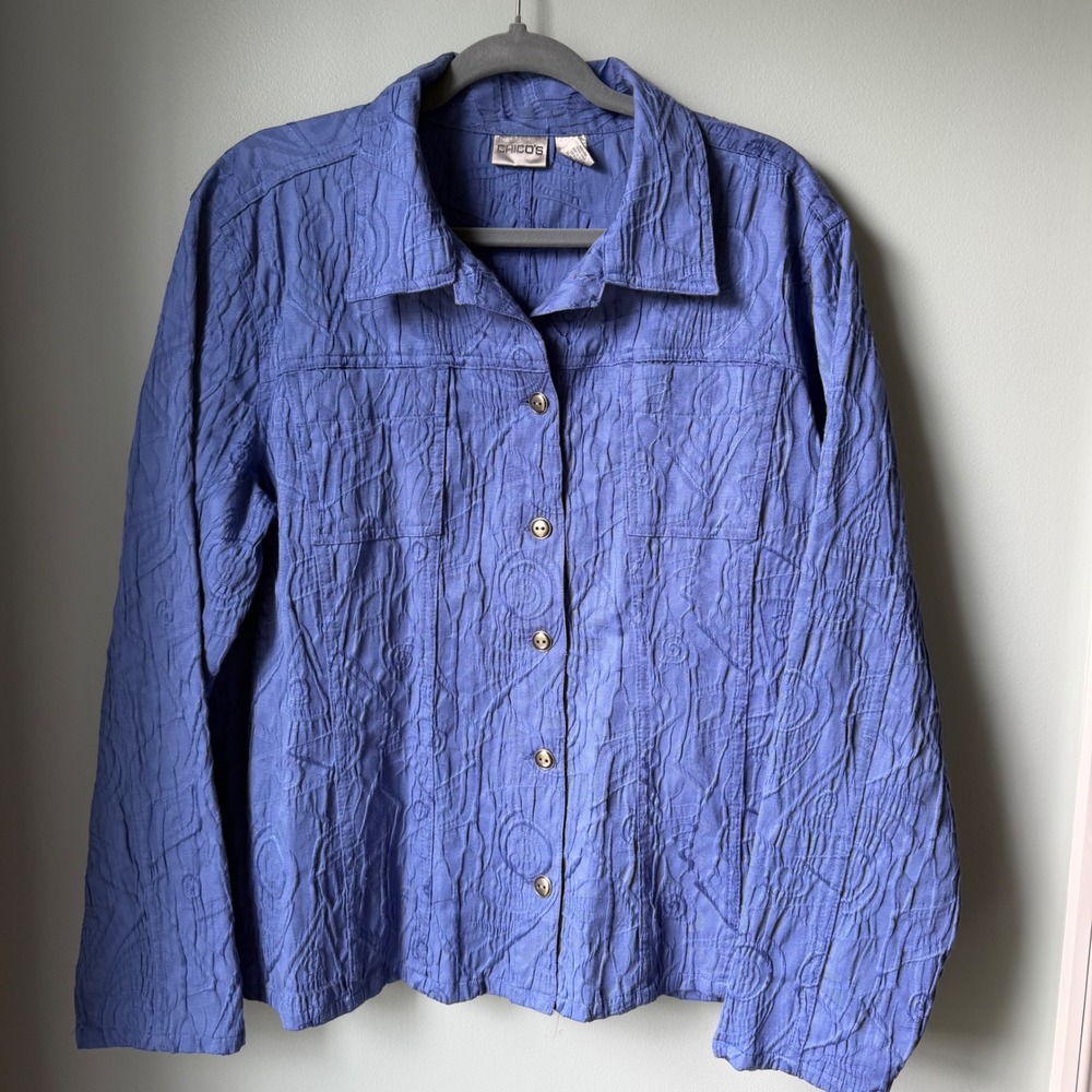 Vintage Chico's Button Down Jacket Purple Floral Embroidered Cotton Blend 3 XL
